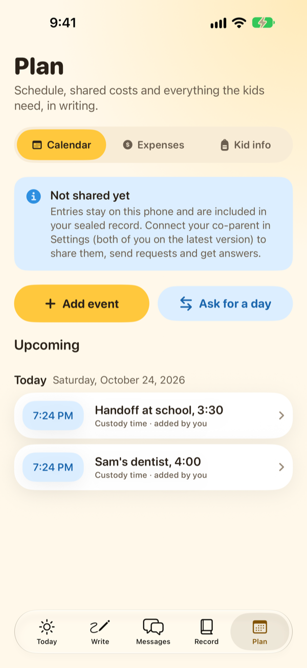 The Plan tab with calendar, expenses and kid info, showing two upcoming events